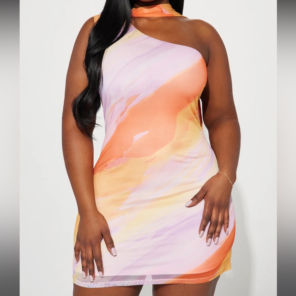 Fashion Nova Asymmetrical Mini Dress - Orange and Pink